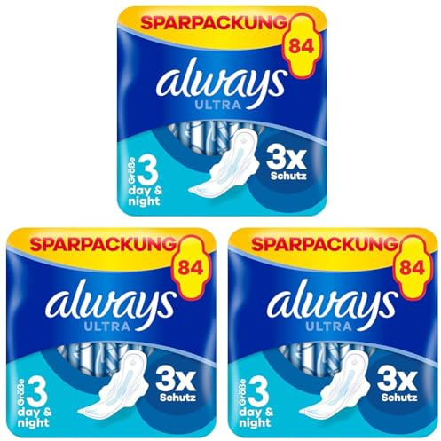 Always Ultra Binden Damen Gr. 3, Night, 84 Damenbinden mit Flügeln (3 x 28 Stück) Multipack, dünn und super saugfähig, schliesst Gerüche und Flüssigkeit sofort ein und Auslaufschutz (Packung mit 3)