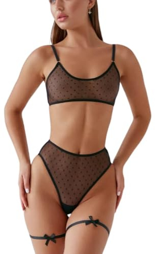 ROSVAJFY Set Lingerie Minimalista Trasparente Sexy Donna,Completi Intimi Maglia Pizzo con Anelli Le Gambe,Reggiseno Soft Perizoma 3 Pezzi,Biancheria Intima Spalline Regolabili (Black(Pois), L)