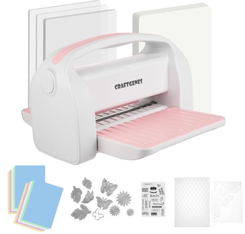 CraftGenes Manual Die Cutting Machine and Embossing Machine, 9'' Opening Size for Cardmaking, Scrapbooking, and DIY Crafts – Foldable Complete Set with A4 Die Cuts, Embossing Folders, and Plates(Pink)