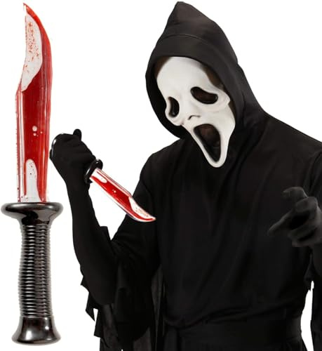 Hatstar Blutiges Messer gefüllt mit Kunstblut, Horror Zubehör, Kostüm Accessoire für Karneval, Fasching und Halloween, Grusel Dekoration, 33 cm Länge, fließender Bluteffekt