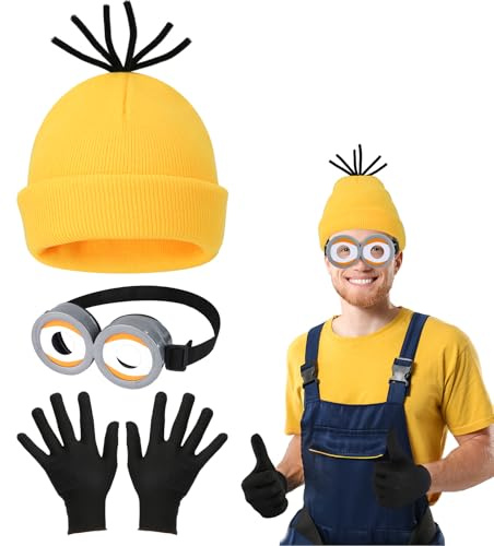 3PCS Accessori Halloween Costume Adulti Bambini, Occhiali Steampunk Cappello Giallo Guanti Neri, Goggle Eyes Occhiali Costumi Cartoni Animati Adulti per Festa di Halloween Carnevale Natale Cosplay