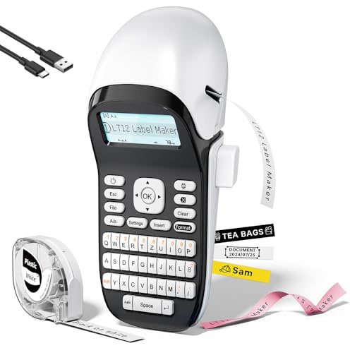 Phomemo LT12 Etikettendrucker, tragbarer Beschriftungsgerät mit wiederaufladbarem Akku, tragbarer Bluetooth-Etikettendrucker mit QWERTZ-Tastatur für zu Hause und das Büro – Weiß