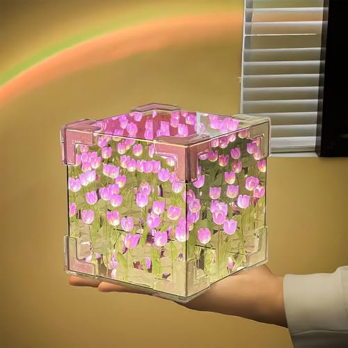 ONEVER Finished Tulip Lamp, 2-in-1 Mirror Simulated Tulip Night lamp, 20 Flowers Square LED Tulip Light, Romantic Mirror & Decorative Lights for Women, Girls, Friends Gifts (Purple)