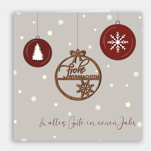 Original Holzgrusskarte – Besondere Weihnachtskarte mit 3D-Holzsticker Weihnachtsbaumkugel – Grußkarte für Weihnachtsgrüsse, Fröhliche Weihnachten, Frohe Weihnachten, Weihnachtskarte mit Umschlag