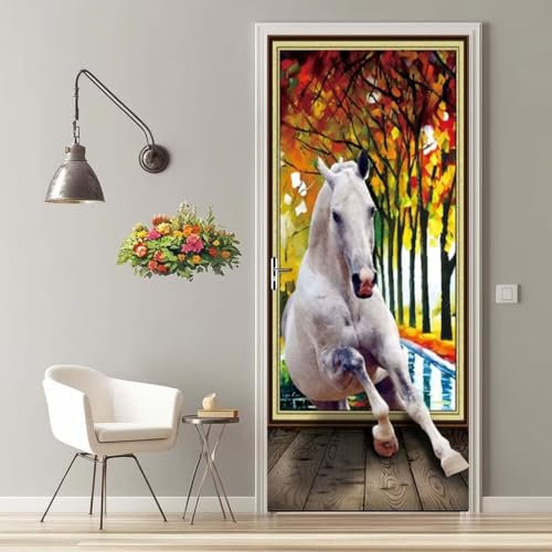 Türtapete Selbstklebend 77X200 cm Türaufkleber 3D Türfolie Selbstklebend Pferd Ölgemälde Klebefolie Tür Türposter Tür Folie PVC Wasserfest Wandbild für Schlafzimmer Wohnzimmer Bad Tür Tapete -MT283