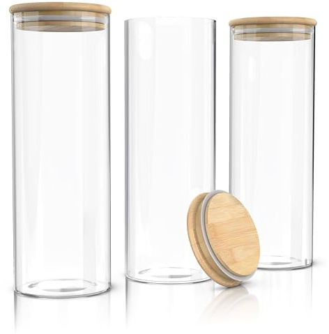 Arendo Vorratsgläser mit Deckel Luftdicht 3x 10x28 cm, 2L, Vorratsdosen Glas mit Deckel Pasta, Vorratsdosen mit Deckel luftdicht Glas, hitzebeständig, Vorratsglas mit Holzdeckel