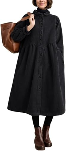 Vagbalena Robe à revers boutonnée en velours côtelé classique vintage pour femme veste décontractée à simple boutonnage couleur unie mi-longue et chaude