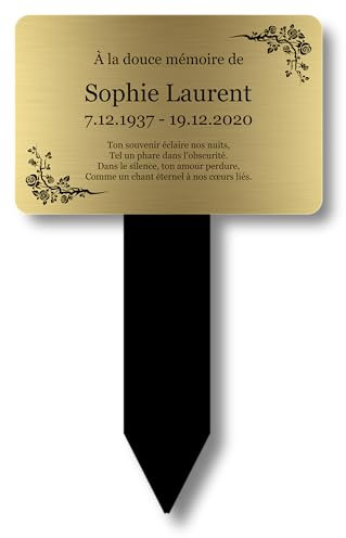 Plaque Mémoriale Personnalisée en Aluminium & Piquet Acrylique – Or/Argent/Noir + Option Photo, 7 Lignes de Texte (Or)