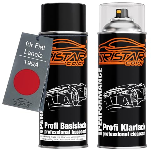 TRISTARcolor Bomboletta di Vernice per auto per Fiat 199A Rosso Tiziano +1K | per Fiat / Lancia, Rosso Faccia Da Schiaffi, Kit vernice di base + trasparente, bombolette spray 400ml