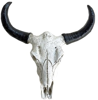 Cow Skull Wall Mount Sculpture, Hanging Horned Buffalo Animal Head Ornament Figure Art Décor Resin with Vintage Ivory Finish, Wildlife Indoor Outdoor Decorative Accessories (Cow Skull Small)