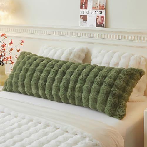 LIFEREVO Fluffy Faux Rabbit Fur Bolster Pillowcase 50x137 cm, Sage Green | Soft Cozy Bubble Waffle Body Pillow Cover with Zipper, Washable Plush Bed Pillow case for Pregnant Women Side Sleeper, 4.6ft