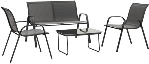 Outsunny 4-teiliges Gartenmöbel-Set, Terrassenmöbel Möbel-Set mit 2-Sitzer-Sofa, 2 stapelbaren Stühlen und Couchtisch mit Glasplatte, aus Stahl, Texteline für Terrasse, Schwarz