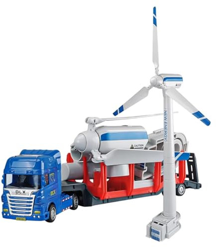 HoveeLuty Jouets pour garçons : Camion et remorque, remorque à Plateau et éolienne 2 en 1 avec pales rotatives, kit d'éolienne assemblable, Jouet inertiel à Pousser déplacer