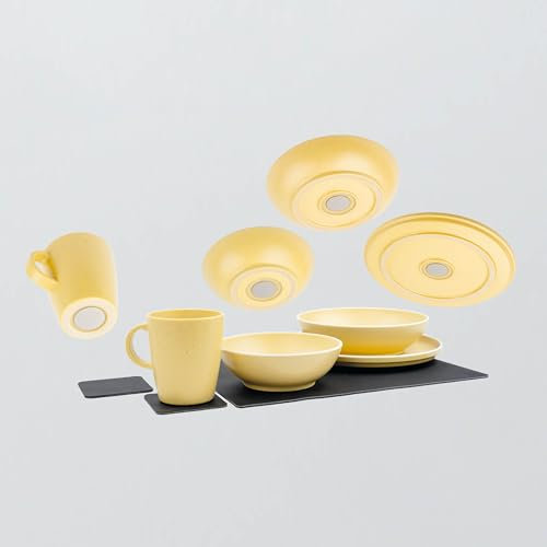 Silwy® - Set di stoviglie magnetiche DOLOMIT YELLOW – 11 pezzi in plastica design STONETouch, per camper, campeggio e barca, senza rumori, infrangibili e impilabili, con tappetino in gel e pastiglie
