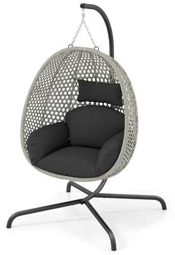 COSTWAY Swing Egg Chair, Upholstered PE Rattan Wicker Hammock Chair with Soft Thick Cushion and Head Pillow, Heavy-duty Hanging Egg Basket Seat for Garden Patio Yard Living Room (1, with Stand)