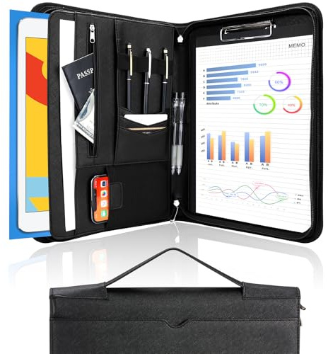 ProCase Cartella Portadocumenti A4, Portablocchi Cartellina Portadocumenti in Pelle con Multi Tasca e Doppia Cerniera per Viaggi Intervista Riunioni Congressi per Documenti Tablet Telefono–Puro Nero