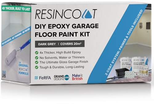 Resincoat Epoxy Garage Floor Paint Kit – Complete Primer, Paint & Tools Bundle – Covers up to 20m² – 4x Thicker High Build Coating for Concrete Floors – Durable Gloss Finish – Made in UK (Dark Grey)