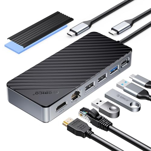 ORICO Portable M.2 SSD Docking Station, 8-in-1 USB C Hub with 4K HDMI, 100W PD, Gigabit Ethernet, 10Gbps USB-C/A for MacBook, Laptop, External Hard Drive Enclosure