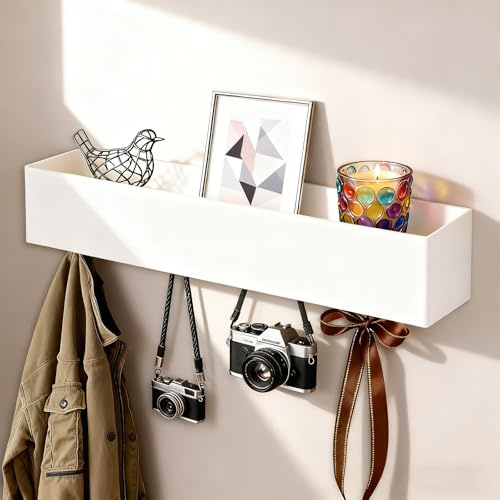 LNSYSNS Wandgarderobe Weiß mit Ablage, 5 Versteckte Haken, 43,5 cm | Weiße Garderobenleiste mit Ablage und 5 Haken. Aus Metall. Ideal für Flur, Schlafzimmer, Küche