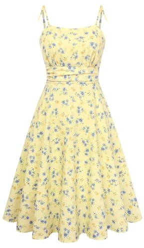 Belle Poque Abito estivo da donna, con spalline sottili, linea A, abito da sole, per il tempo libero, con tasche, per le vacanze, da spiaggia, Fiori gialli e blu, M