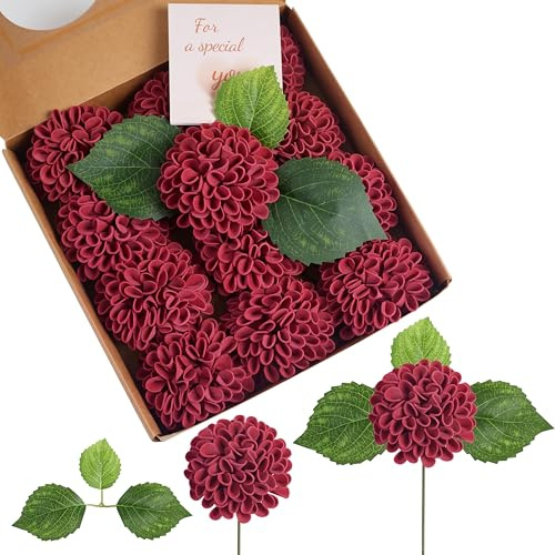 Sahoottie Flores artificiales de color burdeos, 12 unidades de dalias artificiales como auténticas de 7,5 cm de espuma, hortensias, flores falsas, decoración para jarrón, arreglos, centros de mesa