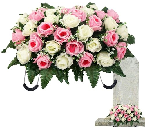 Generisch Grabgesteck 5 Farben Verfügbar Grabgestecke Künstlich 50 X 30 cm Grabstein Gesteck Künstliche Seidenrosen Grabdekoration Für Grab Friedhof Gedenkstätten Muttertag Vatertag Erinnerung