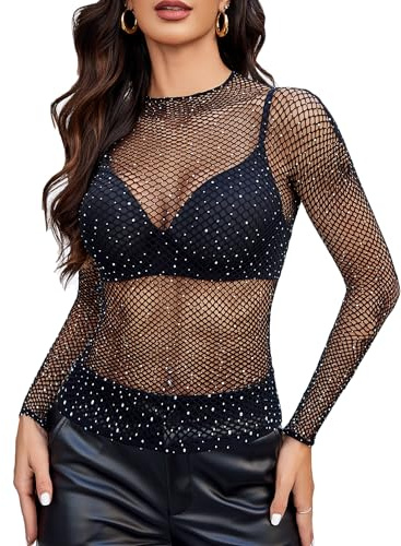 Avidlove Blusa de Manga Larga de Malla Transparente y Sexy para Mujer Cuello Alto Estilo Festivalero Ropa Urbana Color Negro con Diamantes M