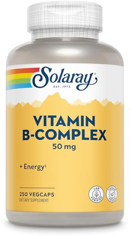 SOLARAY Vitamin B Complex 50 mg - Cellular Energy Vitamins - Metabolism and Nerve Health Support with Vitamin B12, Vitamin B1, B6, Niacin, Folic Acid, Biotin and Other B Vitamins - Vegan, 250 VegCaps