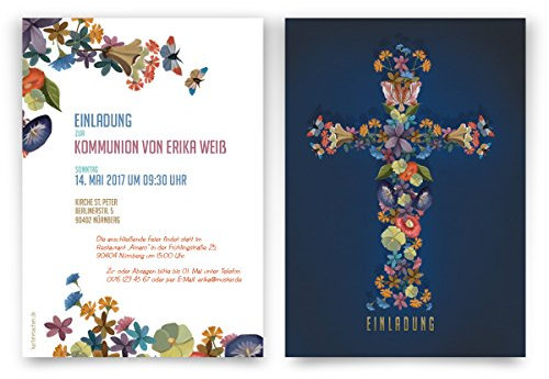 Kommunion Einladungskarten (100 Stück) - Blumenkreuz Bunt - Kommunionskarten Einladungen