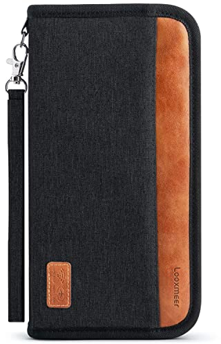 Looxmeer Reisepass Tasche Familie Reiseorganizer mit RFID-Blocker, Tragbare Reisepasshülle Ausweistasche für Damen und Herren, Schwarz und Braun