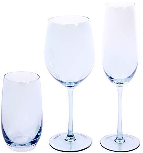 EME Juego de Copas de Cristal en Color Azul compuesto por 6 copas de cava, 6 copas de vino y 6 vasos. El pack incluye 18 unidades. El color forma parte del material.