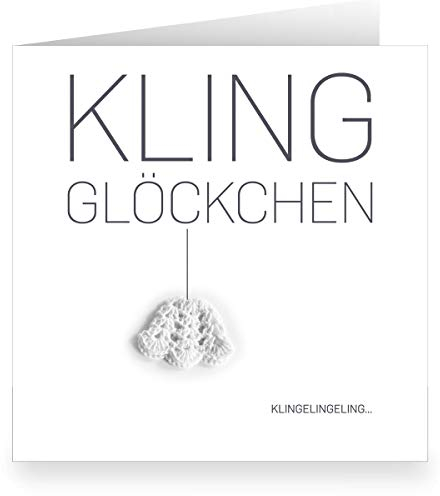 Kartenkaufrausch Schnee-weiße Foto Weihnachtskarte (quadratisch, 15,5x15,5cm mit Umschlag) mit zauberhaftem Häkel Glöckchen: Kling Glöckchen - große XL Klapp-Karte geschäftlich & privat