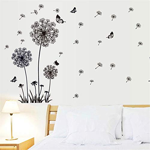 Nicole Knupfer Wandtattoo Schwarz Wandaufkleber Blumen Löwenzahn Schmetterlinge Pflanzen Deko für Wohnzimmer Schlafzimmer Küche Bad Flur Fenster