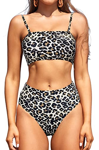 SHEKINI Costume da Bagno Donna Due Pezzi Bandeau Top Bikini Tracolla Regolabile Vita Alta Stampati Bikini Fondo Costumi Due Pezzi Donna da Spiaggia (M, Leopardato)