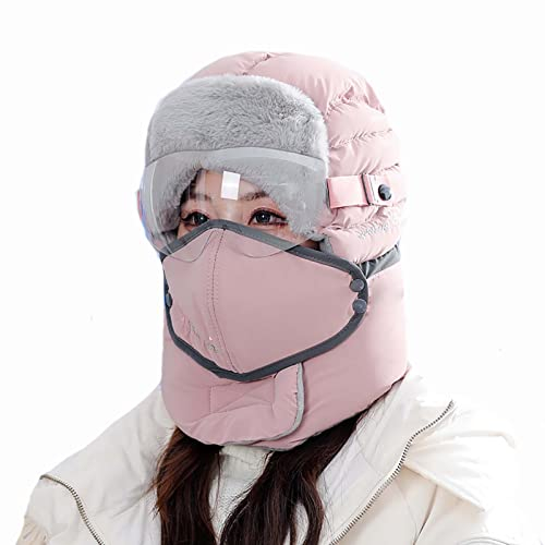 Winter Fliegermütze Bomber Hut für Damen,3 in 1 Bombermütze Trapper Mütze Winddicht Warm Wintermütze mit Ohrenklappen Skifahren Hut für Snowboarden Skaten Radfahren,Rosa