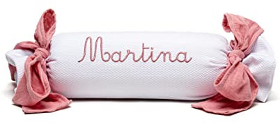 Nenel Cojín Decorativo para Cuna o Carrito Personalizado – Caramelo bebé con Nombre - Rulo recién Nacido Bordado - Bambula (Rosa Maquillaje)