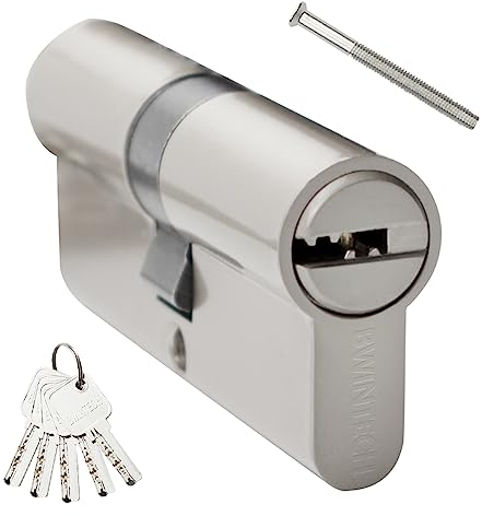 Bwintech 1 pieza 35/35mm Euro Latón Cilindro, cerradura de llave/cilindro de 70mm con 5 llaves horizontales de latón, antirrobo, antiperforación, antigolpes, níquel satinado