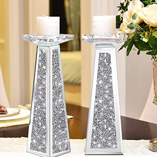Wocred 2 Stück Kerzenhalter aus Glas für Säulenkerzen, Dekoration für Esszimmer, Tischdekoration, 30,5 cm, Silber