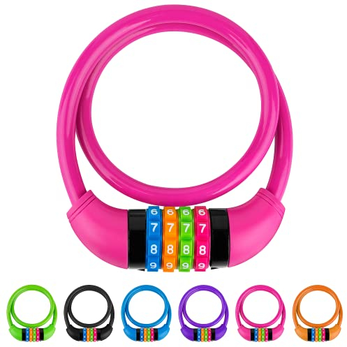 GOLDPOOL Fahrradschloss Kinder, Farbenfroh Zahlenschloss Fahrrad, Fahrradschloss mit Zahlen, 650 X11 mm, Kabel Schloss Code Kombination, Rosa Kinderfahrradschloss, 4-Stellige, Rücksetzbare Kombination