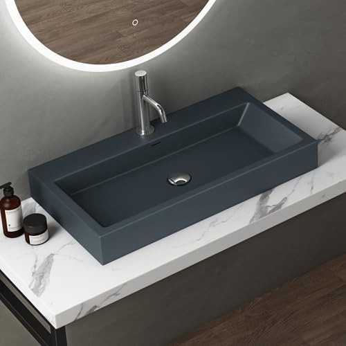 doporro Lavabo da Appoggio o Sospeso Rettangolare 76,5x42x10 cm per Bagno | Lavandino per Bagno in Marmo Resina, Colore Antracite, Finitura Opaca, Foro per Rubinetto, Sistema con Troppopieno