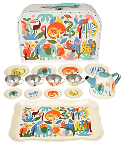 Rex London Kinder Teeservice Set aus Metall (14 Teile) & Tragekoffer mit den Tiermotiven “Wild Wonders“