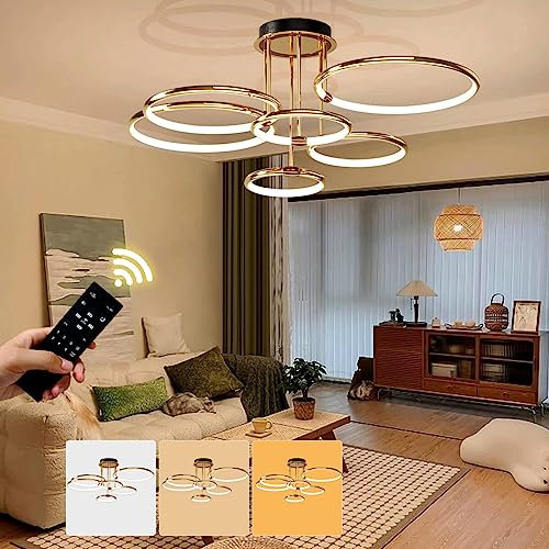 WJYCYN Dimmbar LED Deckenleuchte Modern Design Deckenlampe 3000K-6500K mit Fernbedienung Goldener Ring Deckenbeleuchtung Wohnzimmerleuchte Küche Flur Balkon Esszimmer 6 Flammen 144W