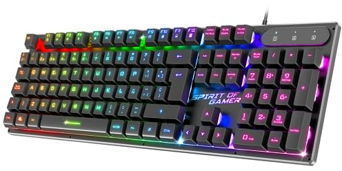 Spirit Of Gamer x Pro K1 | Teclado Gaming Semi Mecanico con Cable para PC | Layout QWERTY Español | 26 Teclas Anti-Ghosting | 3 Modos de Retroiluminación RGB | Slim USB Gaming Keyboard