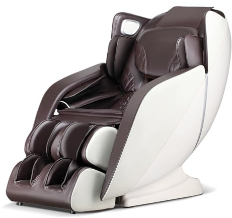 COSTWAY Massage Chair for Home, Electric Zero Gravity 3D SL Track Full Body Massage Recliner with Heat, Airbags, Bluetooth Speaker and 12 Massage Programs, Shoulder Back Shiatsu Massager (White+Brown)
