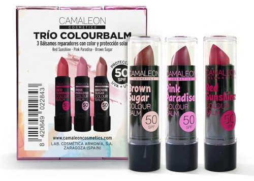 Camaleon Cosmetics - Pack 3 Bálsamos Labiales con Color - SPF 50 - Hidratante, Regenerador y Protector - Color suave: Rosa, Rojo y Marrón