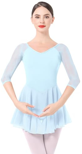 IMEKIS Body da danza da donna con maniche a 3/4, body da ginnastica con gonna in chiffon, abbigliamento da danza, Blu, S