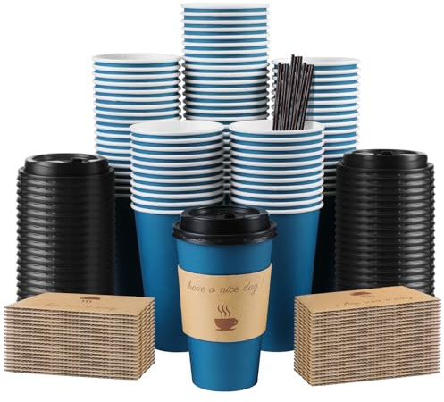 Clawsoff 100 Pack 16 oz Coffee Cups with Lids, Disposable To Go Paper Coffee Cups with Sleeves and Stirring Sticks for Hot/Cold Drinks Office Home Shop Event (Navy)
