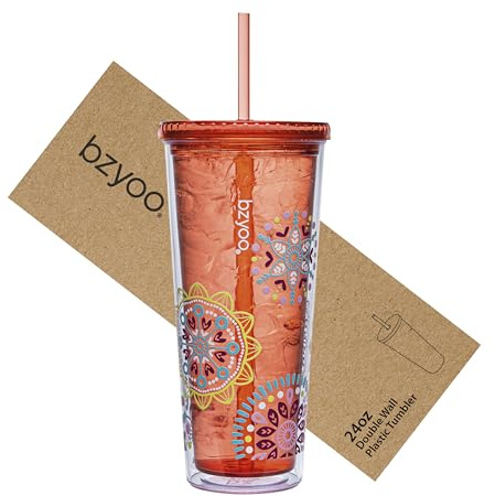 bzyoo SIP 710ml (24oz) Gobelet isotherme à double paroi en plastique avec couvercle et paille, gobelet de voyage pour boissons froides, réutilisable, tasse pour fêtes en bord de piscine, bureau