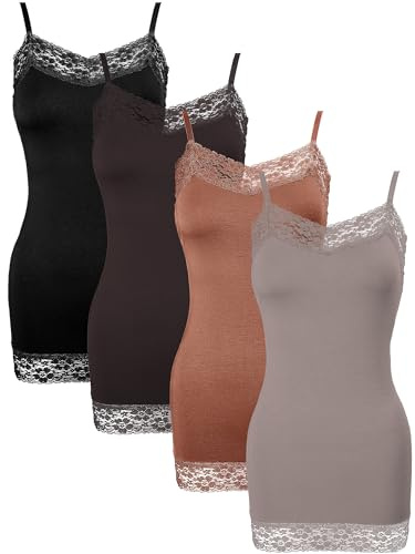 Bencailor 4er-Pack Lange Tanktops für Damen, Spitze, Camisole Ausschnitt, Cami, verstellbare Spaghettiträgern, Unterhemden für Damen, Schwarz, Braun, Karamell, Kaffee, Medium