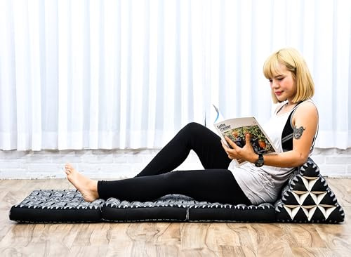 Leewadee - Comfortable Japanese Floor Mattress - Thai Floor Bed With Triangle Cushion - Futon Mattress - Thai Massage Mat, 170 x 53 cm, Anthracite Black, Kapok Filling